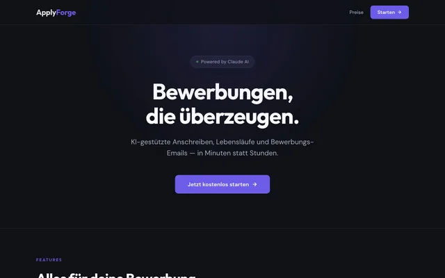 ApplyForge-Startseite: „Bewerbungen, die überzeugen." mit Einstieg zur kostenlosen Nutzung