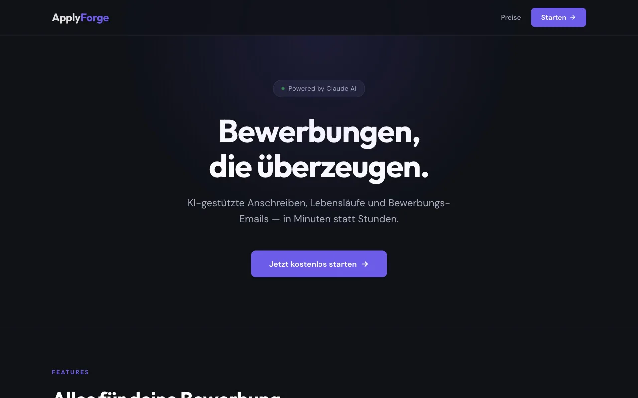 ApplyForge-Startseite: „Bewerbungen, die überzeugen." mit Einstieg zur kostenlosen Nutzung
