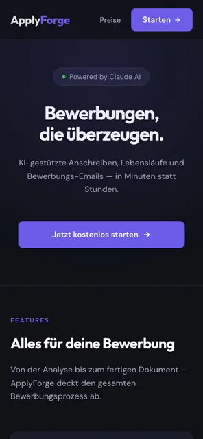 ApplyForge auf dem Smartphone: Startseite mit Claude-Hinweis und Einstiegsknopf
