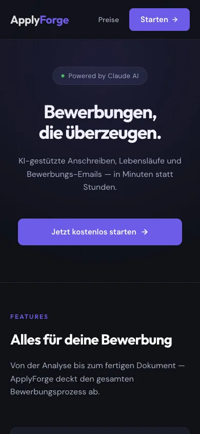 ApplyForge auf dem Smartphone: Startseite mit Claude-Hinweis und Einstiegsknopf