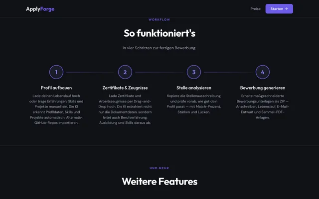 ApplyForge: Abschnitt „So funktioniert’s" mit den Schritten von der Analyse zum Dokument