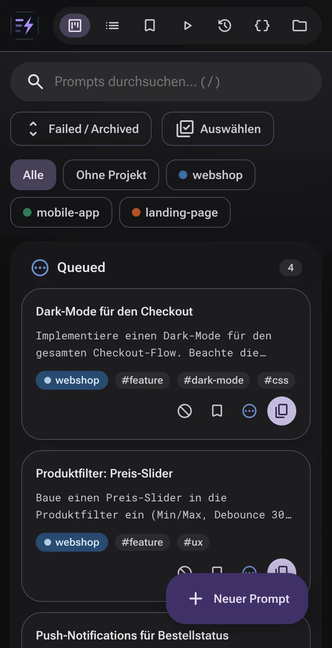 cue auf dem Smartphone: Filter-Chips und Prompt-Karten der Queue-Spalte