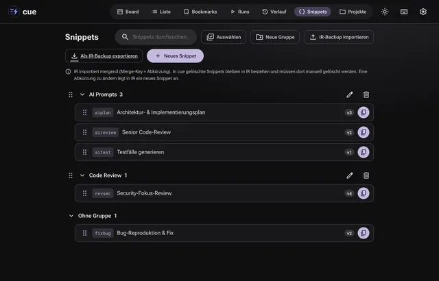 cue: Snippet-Bibliothek mit Gruppen, Versionsnummern und Import aus Inspector Rust