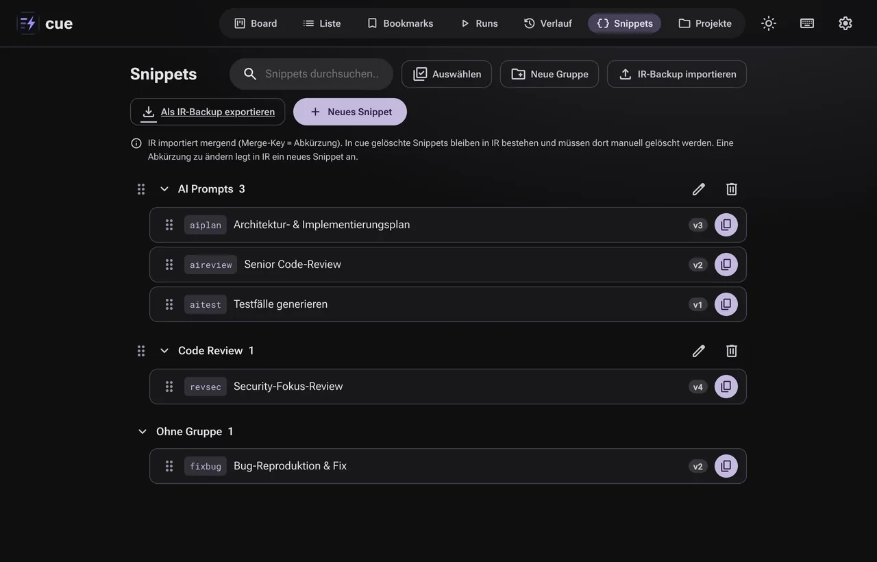 cue: Snippet-Bibliothek mit Gruppen, Versionsnummern und Import aus Inspector Rust