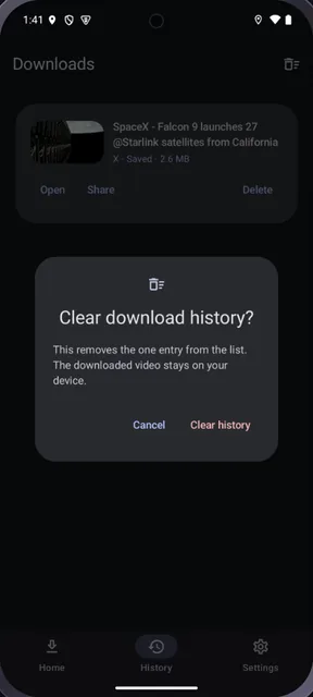 Flipper the Ripper: Downloadliste mit einem geladenen Video samt Vorschaubild, Plattform und Größe, darüber der Rückfrage-Dialog vor dem Löschen des Verlaufs