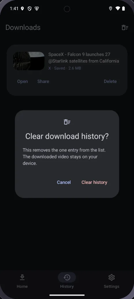 Flipper the Ripper: Downloadliste mit einem geladenen Video samt Vorschaubild, Plattform und Größe, darüber der Rückfrage-Dialog vor dem Löschen des Verlaufs