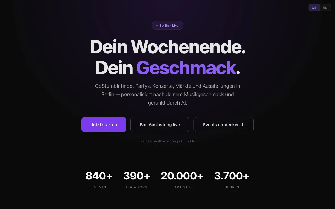 GoStumblr-Startseite: „Dein Wochenende. Dein Geschmack." mit Kennzahlen zu Events, Locations, Artists und Genres