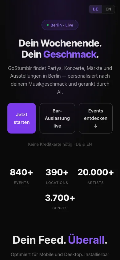 GoStumblr auf dem Smartphone: Startseite mit Kennzahlen und Einstieg