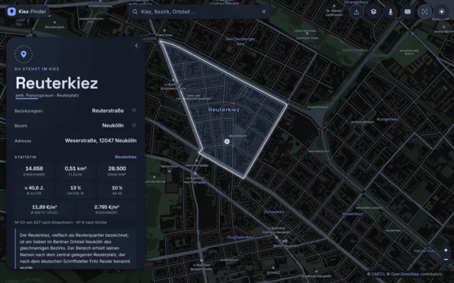 Kiez-Finder: Karte von Berlin mit eingezeichneter Grenze des Reuterkiezes und der Pass-Karte mit Bezirksregion, Bezirk, Adresse und Statistik