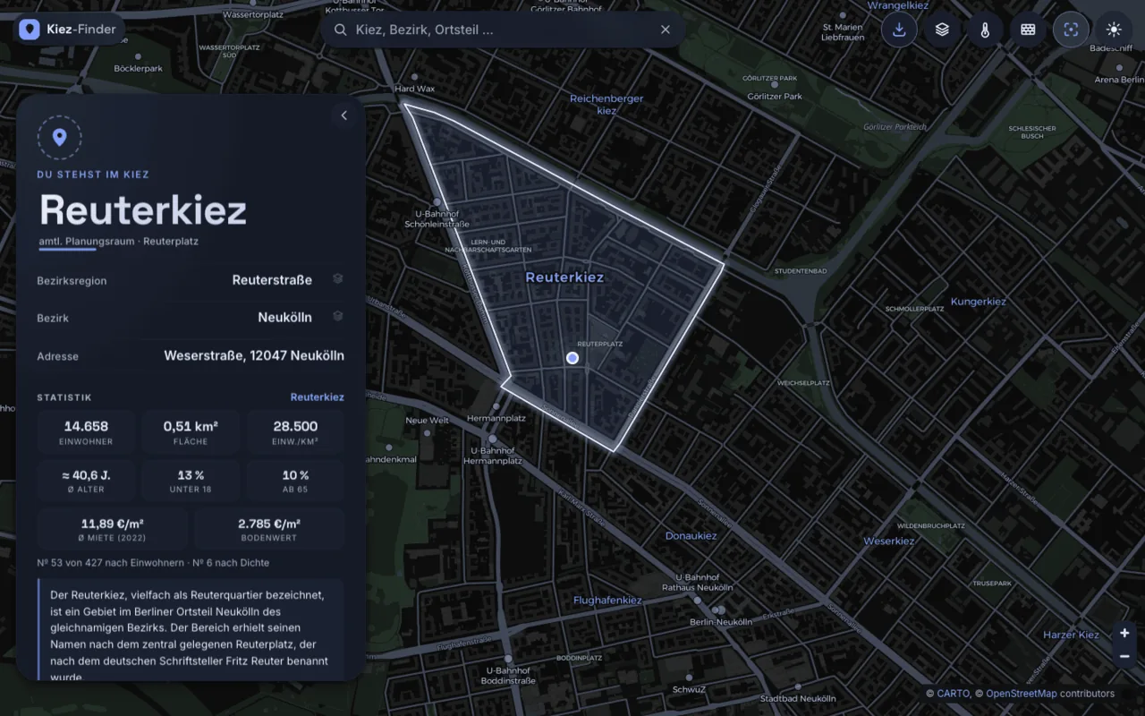 Kiez-Finder: Karte von Berlin mit eingezeichneter Grenze des Reuterkiezes und der Pass-Karte mit Bezirksregion, Bezirk, Adresse und Statistik