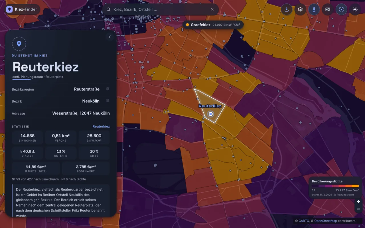 Kiez-Finder: Heatmap nach Bodenrichtwert über ganz Berlin, Legende rechts unten