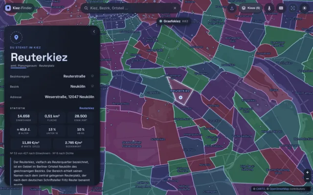 Kiez-Finder: Sektoren-Overlay färbt alle Kieze nachbarschaftsbewusst ein, der eigene Kiez ist hervorgehoben