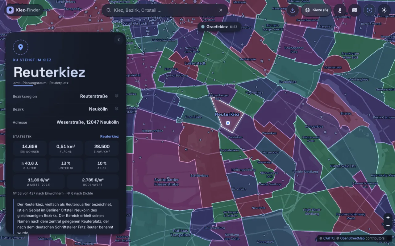 Kiez-Finder: Sektoren-Overlay färbt alle Kieze nachbarschaftsbewusst ein, der eigene Kiez ist hervorgehoben