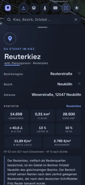 Kiez-Finder auf dem Smartphone: Pass-Karte mit Reuterkiez, Adresse und Statistik über der Karte