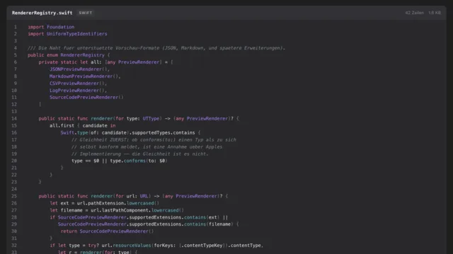 Loupe-Vorschau einer Swift-Datei mit Zeilennummern, Sprachkennzeichen und farbig ausgezeichneten Schlüsselwörtern, Typen und Kommentaren