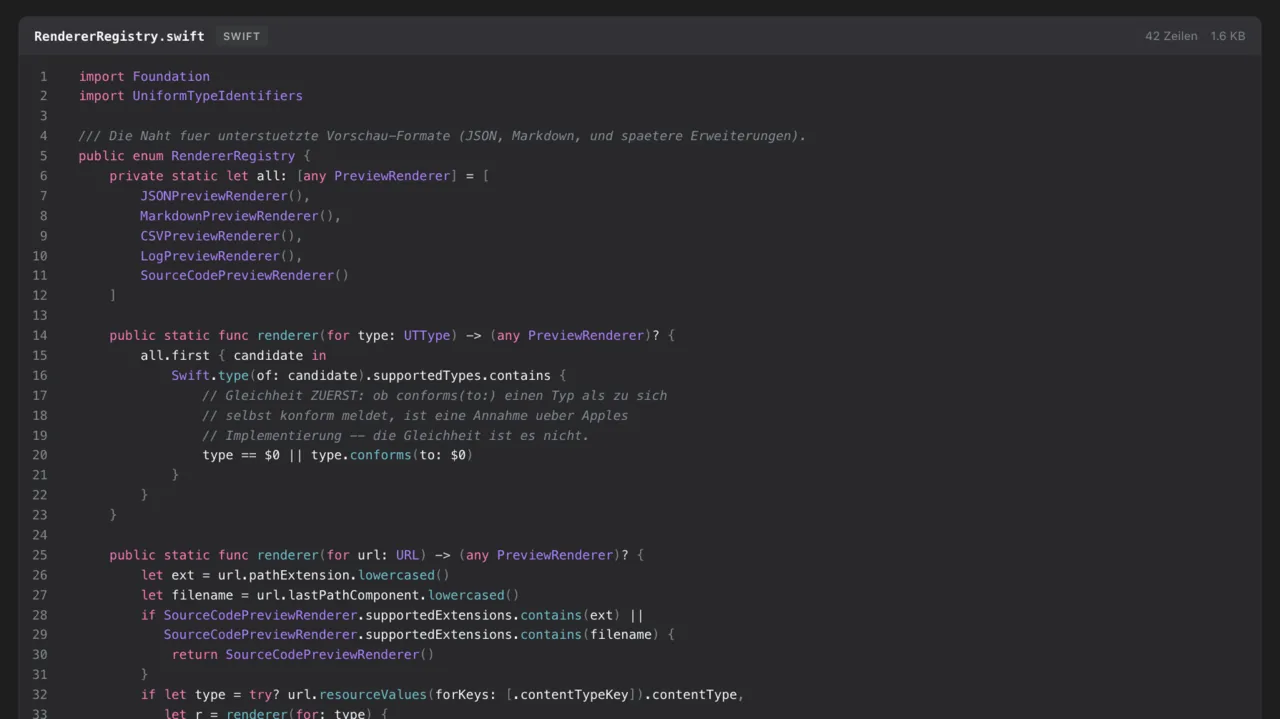 Loupe-Vorschau einer Swift-Datei mit Zeilennummern, Sprachkennzeichen und farbig ausgezeichneten Schlüsselwörtern, Typen und Kommentaren