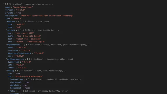 Loupe-Vorschau einer package.json als aufklappbarer Baum: Schlüssel in Originalreihenfolge, eingeklappte Knoten zeigen die Zahl ihrer Schlüssel und die ersten Namen, Werte nach Typ eingefärbt