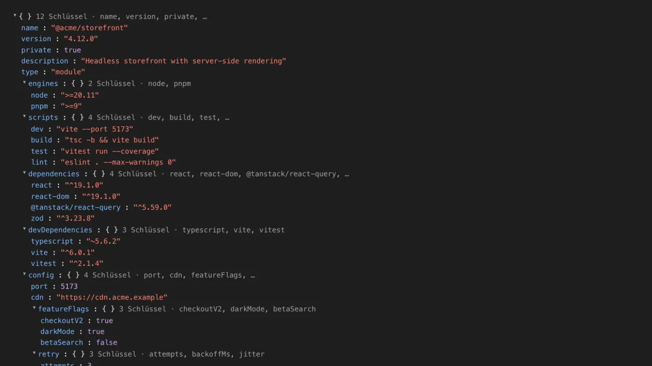 Loupe-Vorschau einer package.json als aufklappbarer Baum: Schlüssel in Originalreihenfolge, eingeklappte Knoten zeigen die Zahl ihrer Schlüssel und die ersten Namen, Werte nach Typ eingefärbt