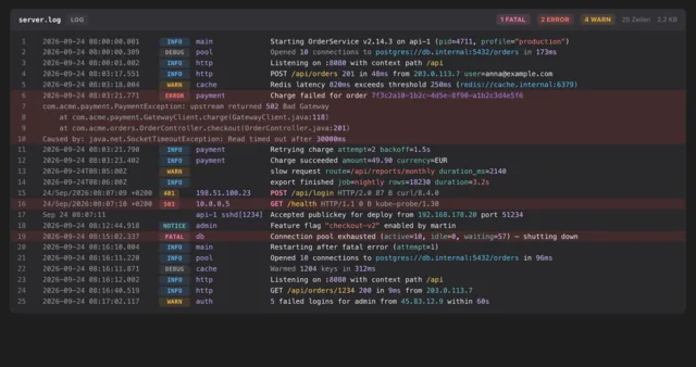 Loupe-Vorschau einer server.log in Spalten für Zeit, Stufe, Quelle und Nachricht; Fehlerzeilen rot hinterlegt, der Stacktrace bleibt zusammen, oben Zähler für Fatal, Error und Warn