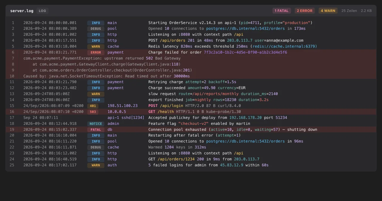 Loupe-Vorschau einer server.log in Spalten für Zeit, Stufe, Quelle und Nachricht; Fehlerzeilen rot hinterlegt, der Stacktrace bleibt zusammen, oben Zähler für Fatal, Error und Warn