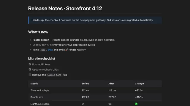 Loupe-Vorschau einer Markdown-Datei „Release Notes · Storefront 4.12": Hinweiskasten, Aufzählung mit Code und Link, Aufgabenliste mit Häkchen und eine Tabelle mit Vorher-nachher-Werten