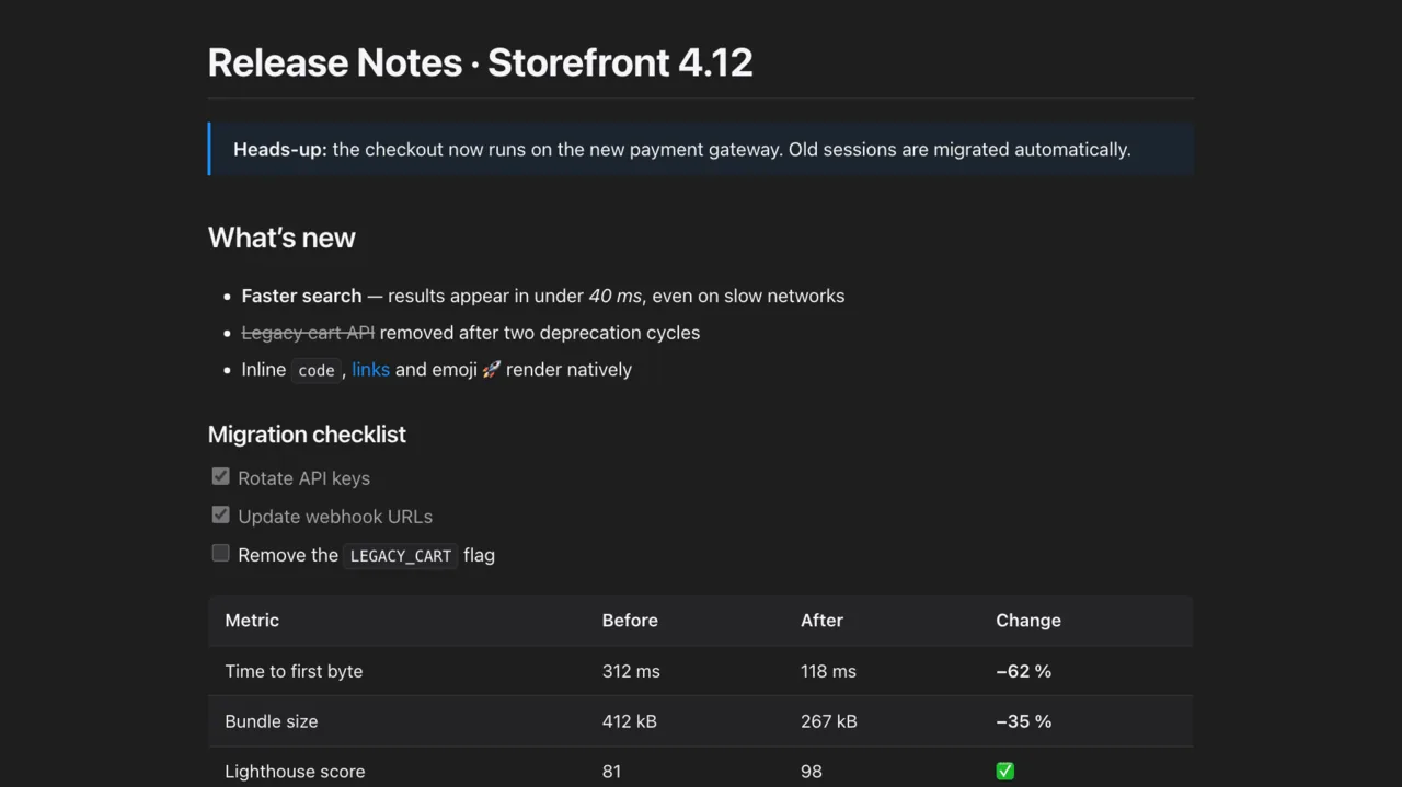 Loupe-Vorschau einer Markdown-Datei „Release Notes · Storefront 4.12": Hinweiskasten, Aufzählung mit Code und Link, Aufgabenliste mit Häkchen und eine Tabelle mit Vorher-nachher-Werten