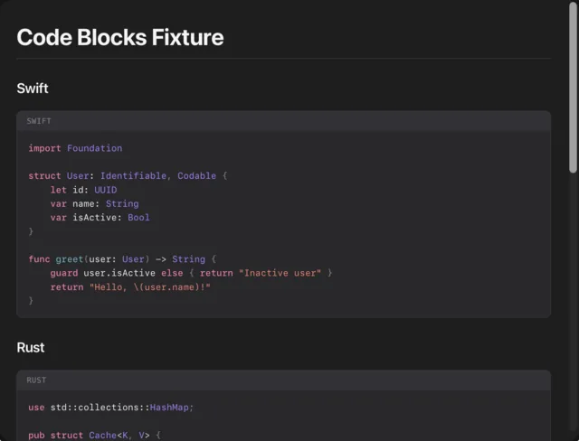 Dieselbe Vorschau mit Codeblöcken: über jedem Block steht die Sprache als Etikett, im Swift-Beispiel sind Schlüsselwörter, Typen und Zeichenketten unterschiedlich eingefärbt, darunter beginnt ein Rust-Block
