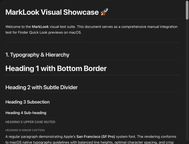 Quick-Look-Vorschau einer Markdown-Datei auf dunklem Grund: die Überschrift „MarkLook Visual Showcase" über einer Trennlinie, darunter ein Absatz und die Überschriftenstufen eins bis sechs, jede in eigener Größe und Stärke gesetzt