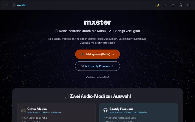 mxster-Startseite: „Deine Zeitreise durch die Musik", 211 Songs, Knöpfe für Gratis-Modus und Spotify Premium