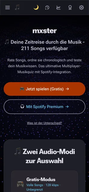 mxster auf dem Smartphone: Startseite mit Menü und Spielmodus-Auswahl