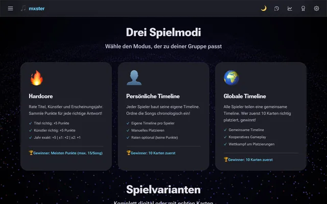 mxster: Übersicht der drei Spielmodi Hardcore, Timeline persönlich und Timeline global