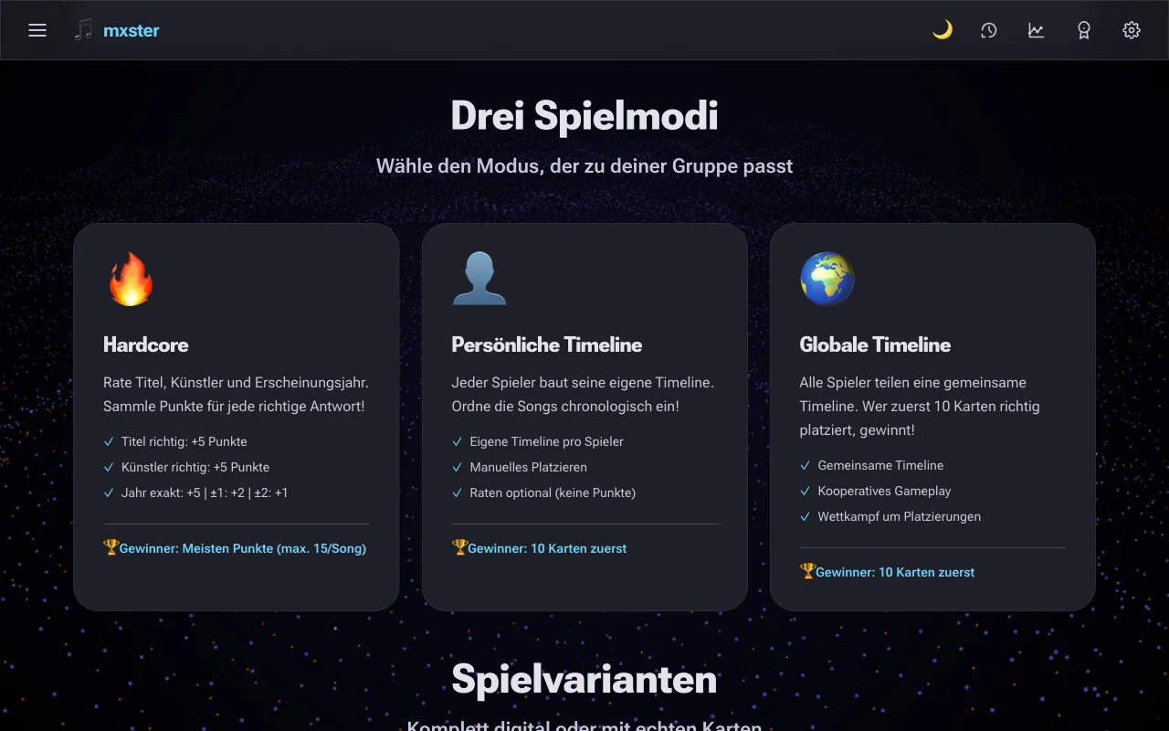 mxster: Übersicht der drei Spielmodi Hardcore, Timeline persönlich und Timeline global
