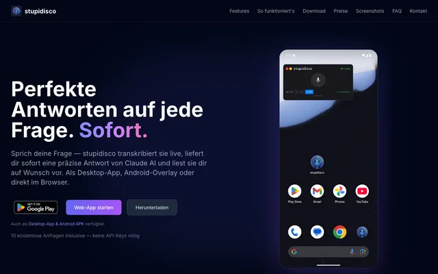 stupidisco-Startseite: „Perfekte Antworten auf jede Frage. Sofort." neben einem Android-Telefon mit dem Overlay