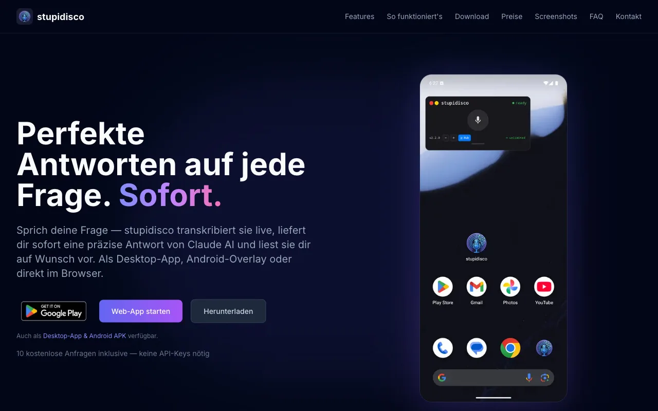 stupidisco-Startseite: „Perfekte Antworten auf jede Frage. Sofort." neben einem Android-Telefon mit dem Overlay