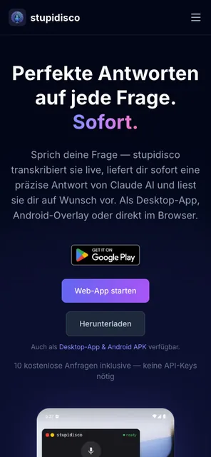 stupidisco auf dem Smartphone: Startseite mit Download-Knöpfen für Google Play und Web-App