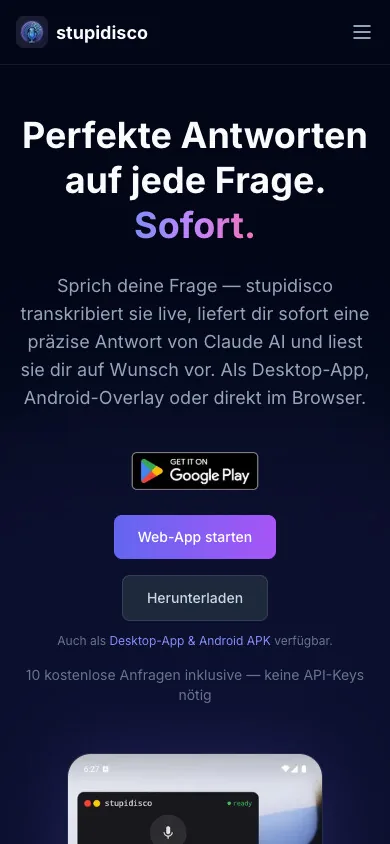 stupidisco auf dem Smartphone: Startseite mit Download-Knöpfen für Google Play und Web-App