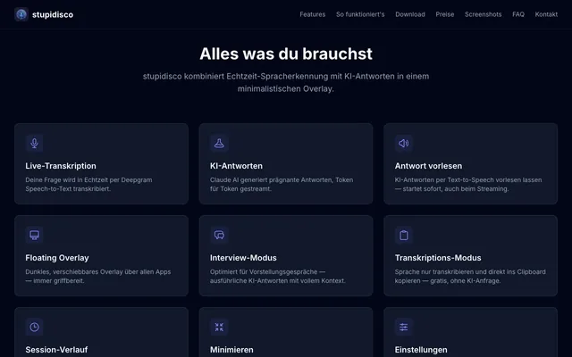 stupidisco: Feature-Kacheln zu Live-Transkription, KI-Antworten, Vorlesen und Floating Overlay