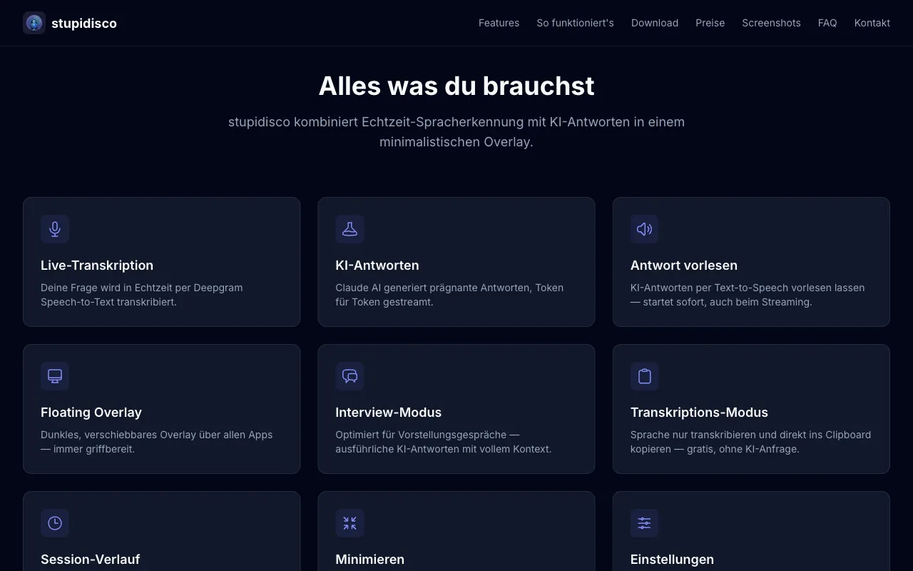 stupidisco: Feature-Kacheln zu Live-Transkription, KI-Antworten, Vorlesen und Floating Overlay