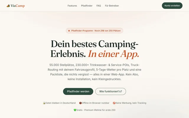 ViaCamp-Startseite: „Dein bestes Camping-Erlebnis. In einer App." mit Kennzahlen zu Stellplätzen und Ländern