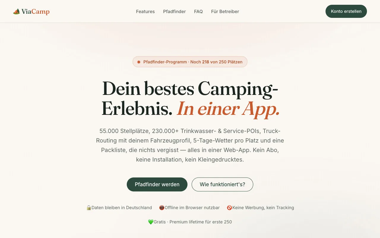 ViaCamp-Startseite: „Dein bestes Camping-Erlebnis. In einer App." mit Kennzahlen zu Stellplätzen und Ländern
