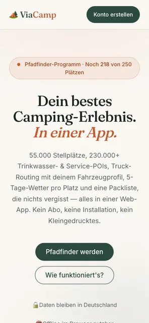 ViaCamp auf dem Smartphone: Startseite mit Pfadfinder-Programm und Einstieg