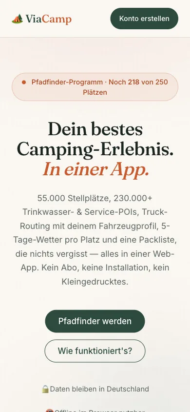ViaCamp auf dem Smartphone: Startseite mit Pfadfinder-Programm und Einstieg