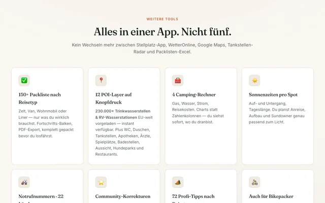 ViaCamp: Feature-Abschnitt mit Karte, Heatmap der Stellplatzdichte und Erklärtexten