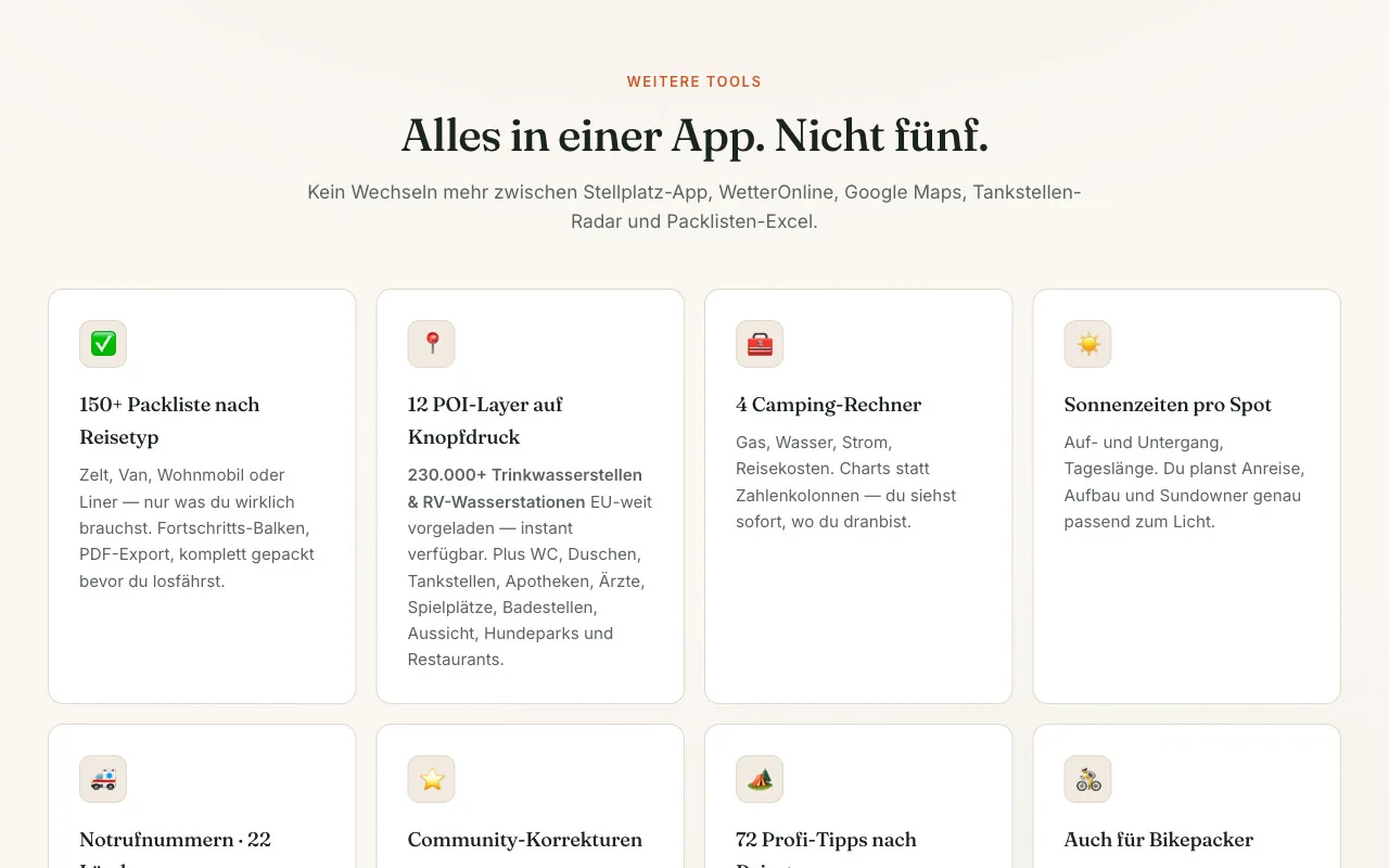 ViaCamp: Feature-Abschnitt mit Karte, Heatmap der Stellplatzdichte und Erklärtexten