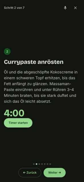 Zauberkoch im Koch-Modus: Schritt 2 von 7 im Vollbild mit Timer „4:00" und Weiter-Knopf