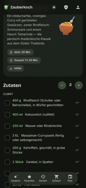 Zauberkoch-Rezeptansicht: Beschreibung, Zeiten, Schwierigkeit und Zutatenliste mit Portionen-Stepper