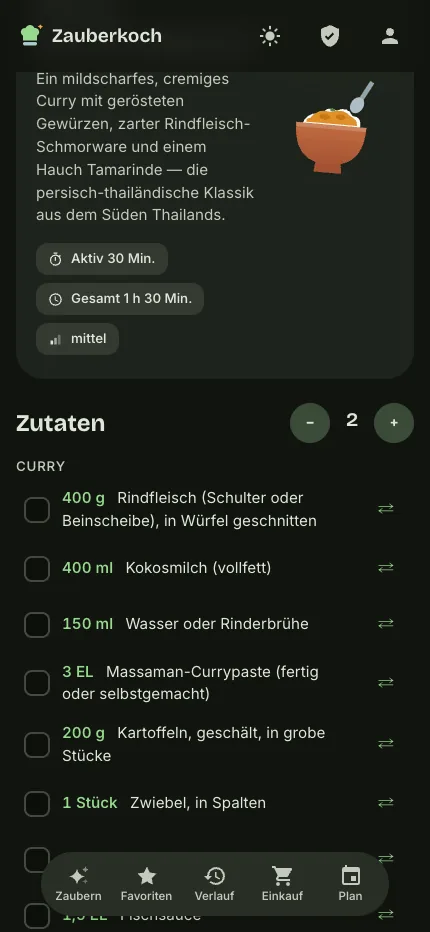 Zauberkoch-Rezeptansicht: Beschreibung, Zeiten, Schwierigkeit und Zutatenliste mit Portionen-Stepper