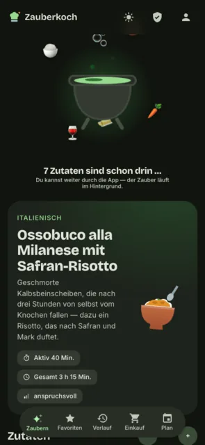 Zauberkoch während der Generierung: Zutaten kreisen als Emojis um den Kessel, darunter baut sich das Rezept „Ossobuco alla Milanese mit Safran-Risotto" auf
