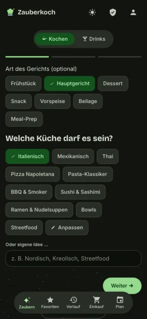 Zauberkoch-Wizard: Art des Gerichts und Länderküche als Chips, Koch- und Drinks-Umschalter