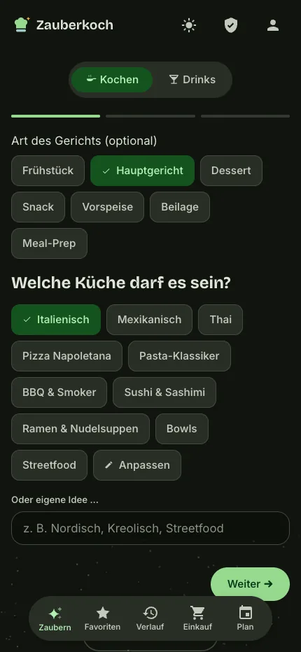 Zauberkoch-Wizard: Art des Gerichts und Länderküche als Chips, Koch- und Drinks-Umschalter